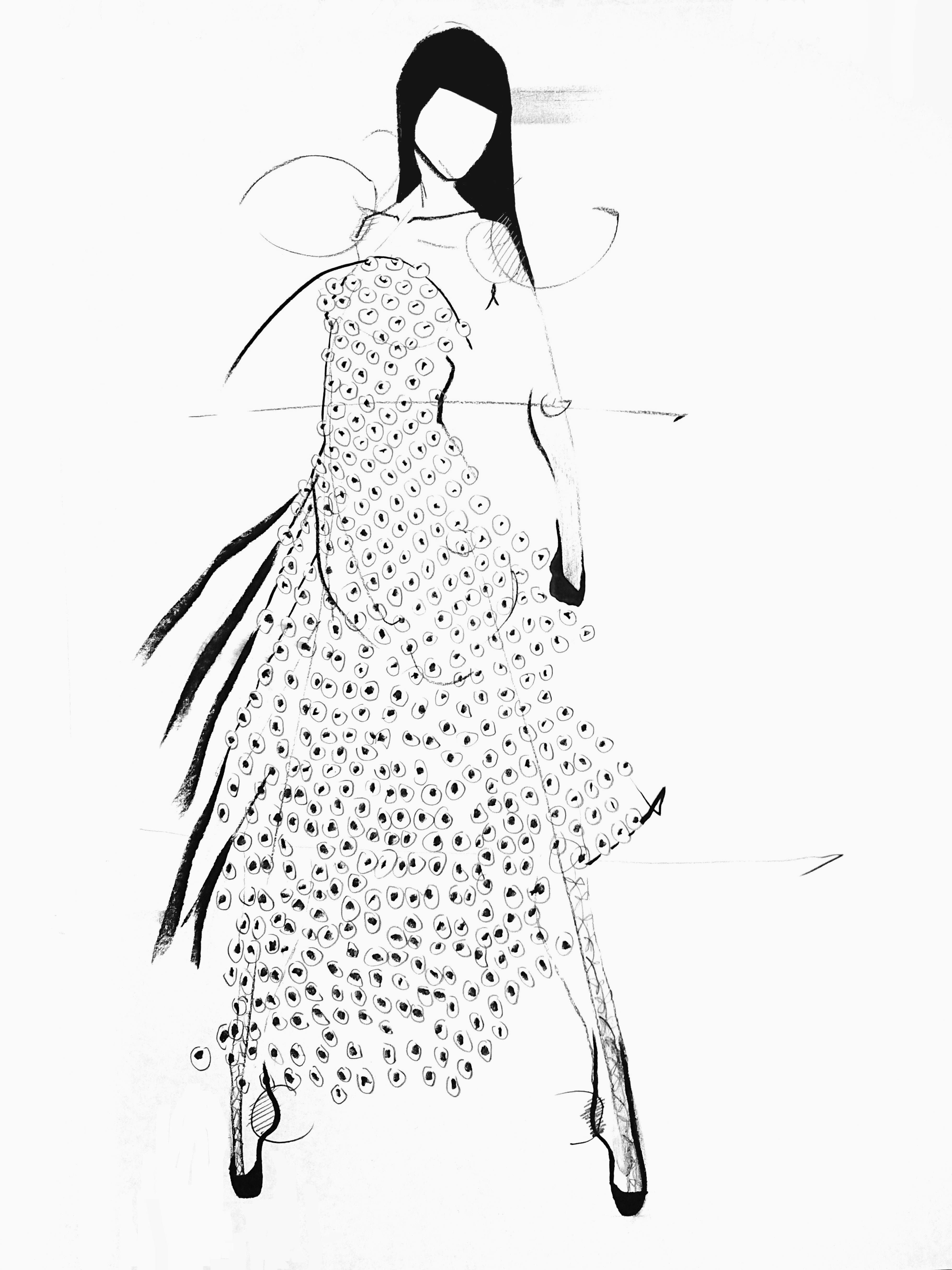 Kleidersilhouette auf Modefigurine und schwarzen Haaren, Kohlezeichnung auf A2